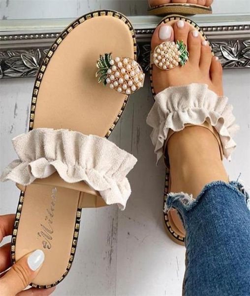 Femmes Slipper Pineapple Pearl Flat Toe Bohemian Casual Beach Sandals Ladies Shoes Platform 2020 Designer Black Slides LJ3381138