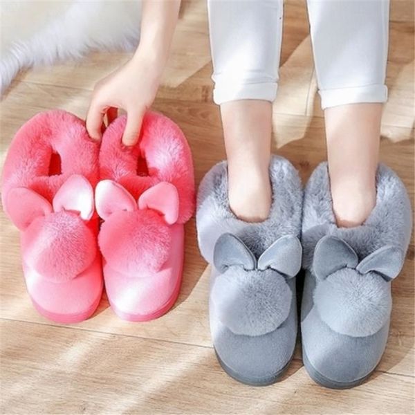 Femmes Pantoufles Furry Oreilles De Lapin En Peluche Velours Neige Femme Pantoufle Intérieur Maison Chaussures D'hiver Chaud Dames Doux Confort Chaussures Y201026