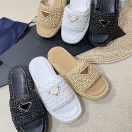 Damesslippers Lafite Gras Geweven Slippers Gekarteld Romeins Geweven Ultra Lichte Dikke Zool Slippers Casual Platte Schoenen Luxe Strandslipper 4 Cm 35-41 Topkwaliteit