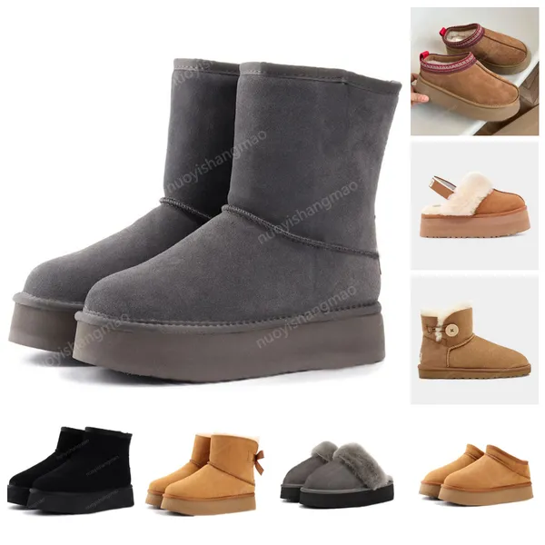 Pantoufles pour femmes, bottes à plateforme, bottes de luxe, bottes de neige, pantoufles australiennes, pantoufles moelleuses, chaussures d'extérieur, chaussures d'intérieur, bottes en fourrure d'hiver, chaussures chaudes pour femmes avec boîte