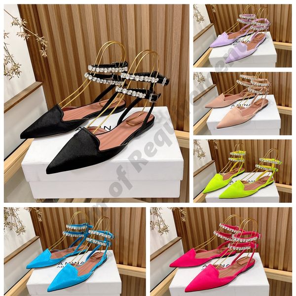 Pantoufles pour femmes sandales à glissière cristaux de satin de soie Selles de diamant Sling Back forme semelle plate Amina Muaddi chaussures de marque pour femmes Semelle en cuir Pantoufle d'été