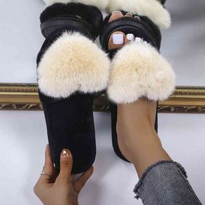 Dames Slippers Slip-on Furry Pluche Liefde Hart Flat Home Winter Open Teen Houd Warme Antislip Zachte Slippers Indoor House Shoes Y220412