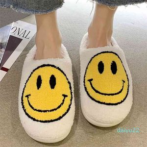Vrouwen glimlach winter slippers zachte pluche faux bont schoenen dames pluizig harige platte huis indoor paar katoen smiley 210831