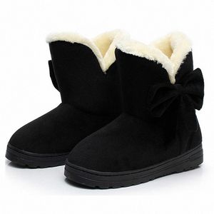 Botas de nieve para mujer Invierno Mujer Calentador de tobillo Felpa Bowtie Piel Gamuza Caucho Resbalón plano en la plataforma de moda Zapatos para mujer h37q #