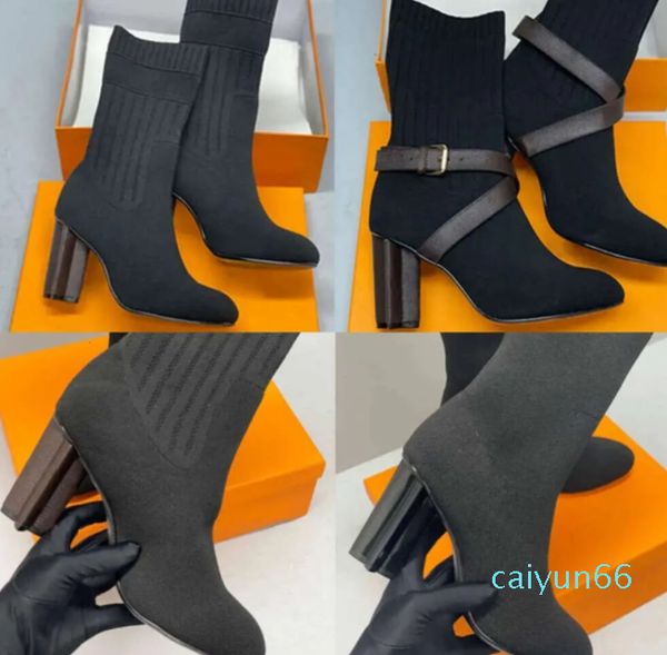 Femmes chaussettes bottes Silhouette bottine noir Martin chaussons Stretch talon haut demi hiver épais lettre chaussures