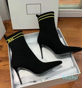 Botas de calcetín para mujer Botines de tacón de aguja Zapatos Tejido de punto letra Media pantorrilla Tirar en punta elástica Punta de aguja Moda de lujo con caja