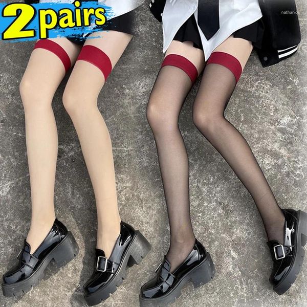 Chaussettes de femmes 1/2 Pares transparents noirs ultrathin transparents en soie longs de soie bas sur le genou en nylon de nylon.