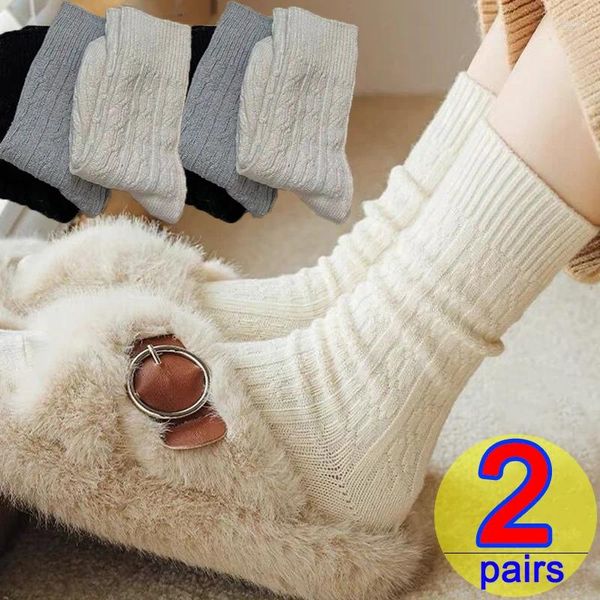 Chaussettes amples pour femmes, 1/2 paires, blanc, noir, filles, hiver, bas longs tricotés chauds, poignets de bottes en Crochet, volants épais, Tube central Sox