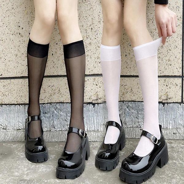 Calcetines de mujer 1/3 pares JK mujer lindo negro blanco Lolita largo verano fino hasta la rodilla Cosplay Sexy medias transparentes de nailon