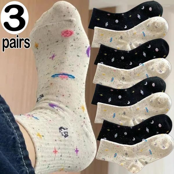 Femmes chaussettes 1/3 paires planète lune étoiles douces filles Harajuku espace Tube longue chaussette Streetwear coloré mignon décontracté Meias