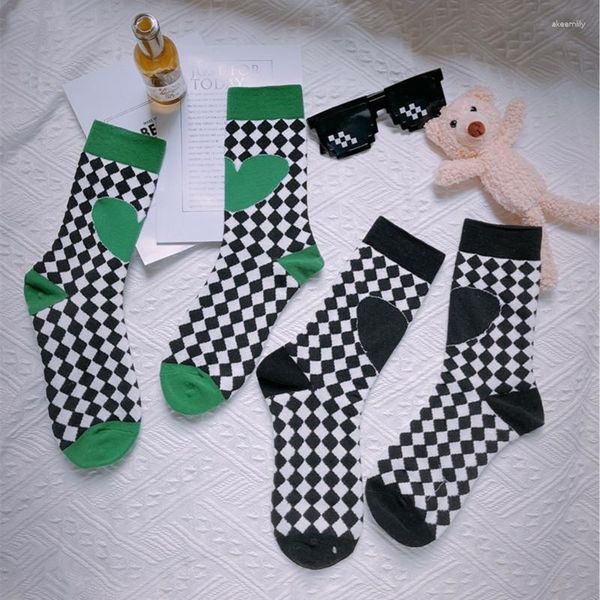 Femmes Chaussettes 1 Paire Automne Et Hiver Mode Création Amour Damier Cas Clanging Couleur Moyen Tube Coton Doux Respirant