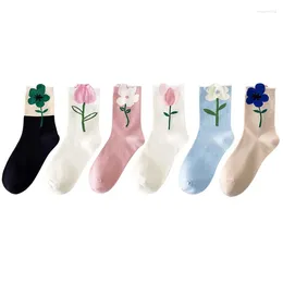 Chaussettes pour femmes, 1 paire, dessin animé fleur couleur bonbon, Harajuku, Design respirant, Style coréen, japonais, tulipe confortable