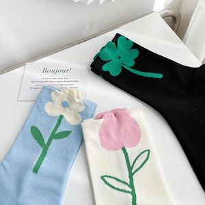 Chaussettes pour femmes, 1 paire, dessin animé fleur couleur bonbon, Harajuku, Design respirant, Style coréen et japonais, confortables