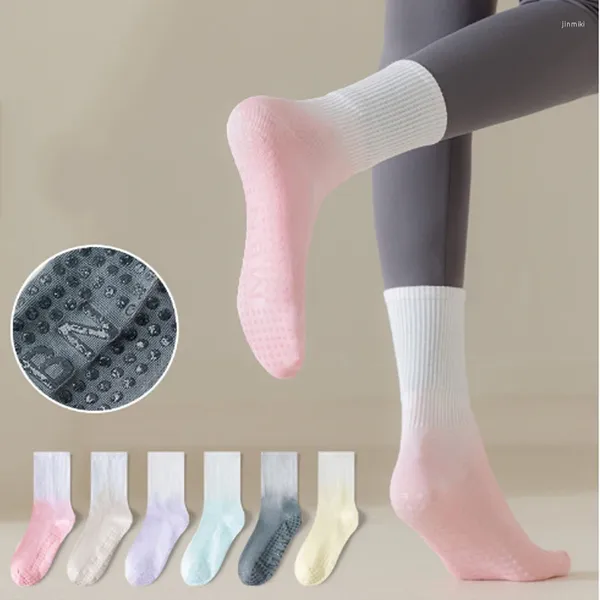 Calcetines de mujer 1 par de algodón Yoga moda Color profesional antideslizante silicona interior Fitness gimnasio danza Pilates deportes medio tubo