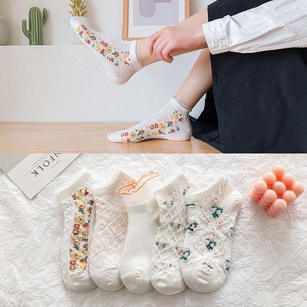 Calcetines de mujer 1 par lindo paquete tobillo Harajuku Lolita Kawaii algodón estilo bohemio chica Floral flores invisibles diseñador