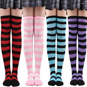 Chaussettes en coton pour femmes, 1 paire, longues rayures, serrées, hautes au-dessus du genou, pour filles, étudiantes Cosplay, Kawaii Lolita Harajuku