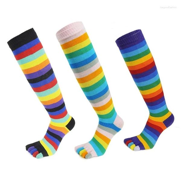 Chaussettes pour femmes, 1 paire, bout arc-en-ciel coloré, 5 mollets rayés, amusants et longs pour filles