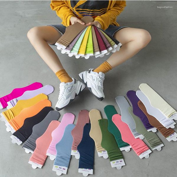 Femmes chaussettes 1 paire été Cool pour les étudiants couleur bonbon élastique serti moyen Tube Pile filles solides bas minces