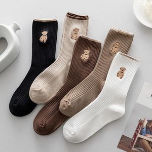 Chaussettes pour femmes, 1 paire, mignon ours Kawaii, imprimé Animal, bande dessinée, mode pour filles, couleur unie, douce