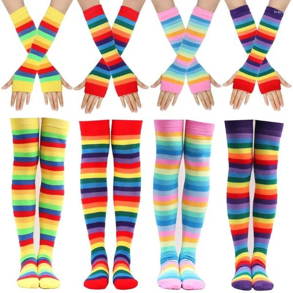 Calcetines de mujer, 1 Juego de calcetines altos hasta el muslo por encima de la rodilla de arcoíris coloridos, guantes cálidos tejidos, accesorios de Navidad a rayas