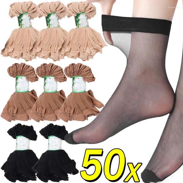 Calcetines de mujer 10/50 Uds cubierta negra ultrafino transparente cristal fino calcetín corto tobillo Casual Meias Sexy verano hielo seda Sox