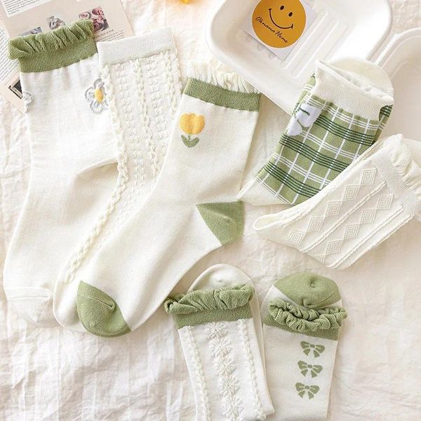 Calcetines de mujer 10 pares de algodón verde blanco niñas medio tubo floral pajarita estilo japonés dulce calcetería