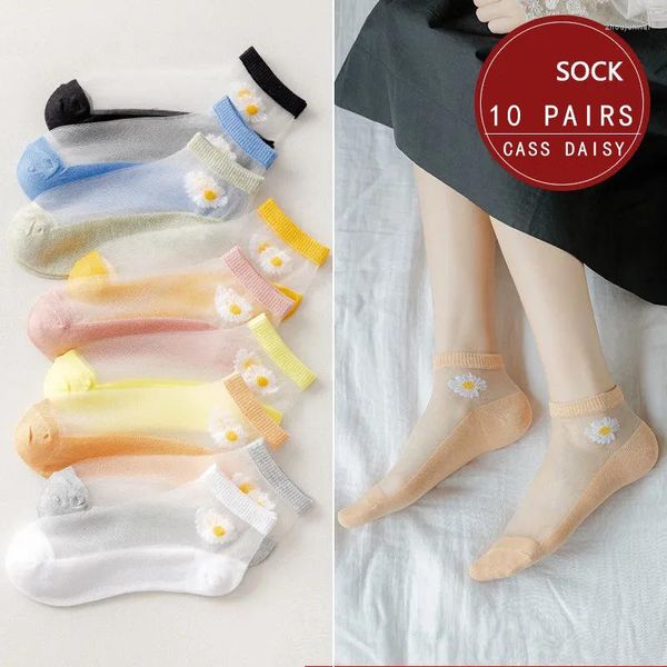 Femmes chaussettes 10 paires/lot respirant mince filles été fleur Style dentelle courte chaussette antidérapant Invisible cheville livraison directe