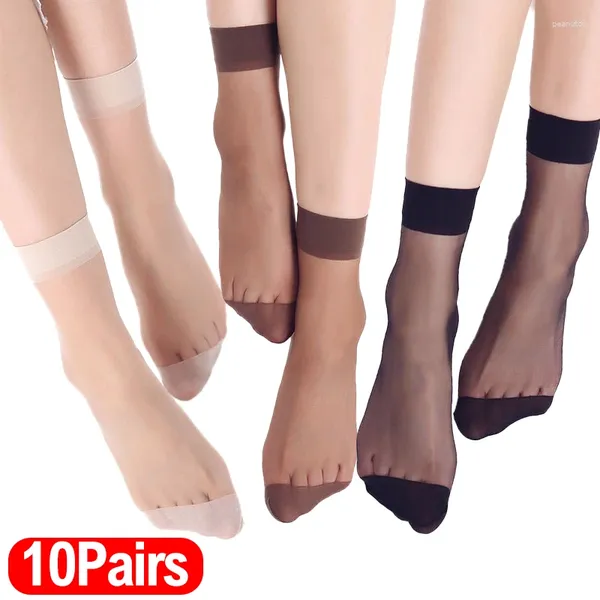 Chaussettes courtes d'été pour femmes, 10 paires, Ultra fines, transparentes, en soie cristal, Sexy, élastiques, soyeuses, à la cheville, pour filles