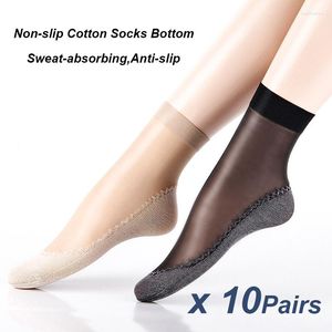 Chaussettes soyeuses antidérapantes pour femmes, 10 paires, semelle en coton, collants hauts transparents à la cheville, bonneterie à bout renforcé, bas de chaussette en velours et soie