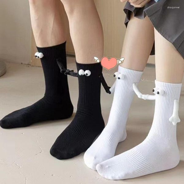 Calcetines de mujer 1 par Ojos de dibujos animados Parejas Calcetines Ins Muñeca 3D Divertida Atracción magnética Manos Negro Blanco Medio tubo Casual Algodón Amante Regalos