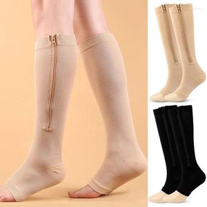 Calcetines de mujer 1 par medias de compresión deportes presión larga ciclismo cremallera soporte de pierna profesional grueso