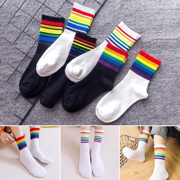 Femmes chaussettes 1 paire mode mi Tube rayé LGBT Gay Pride drôle Streetwear sport coloré