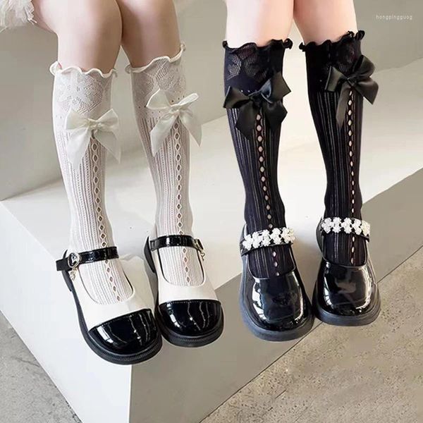 Calcetines de mujer, 1 par, agradable lazo para niñas, largo, negro, estilo Lolita, calcetín de rejilla de encaje japonés, hilo de red elástico fino JK