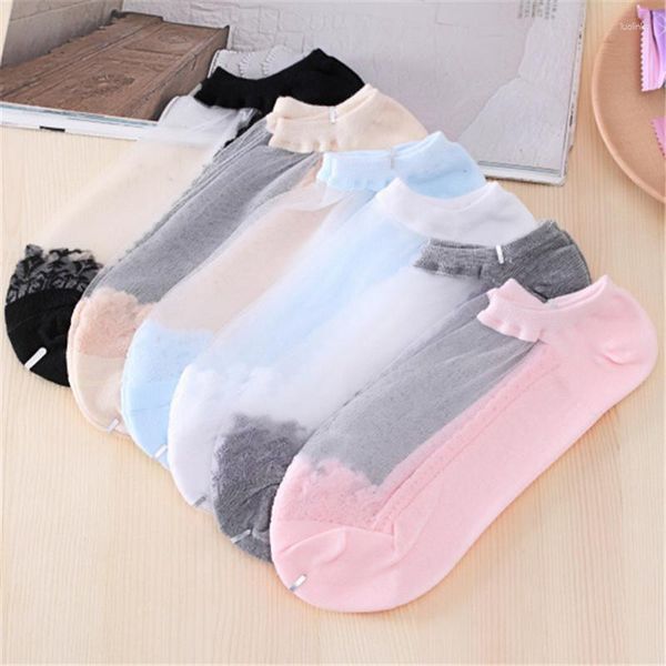 Femmes chaussettes 1 paire dentelle à volants cheville chaussette été doux confortable pure soie coton élastique maille tricot volant Transparent creux femmes