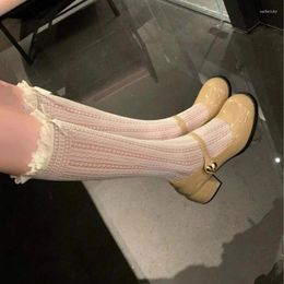 Femmes chaussettes 1pair lolita arc en forme de bas de longueur de longueur jk filles dentelle princesse long creux out