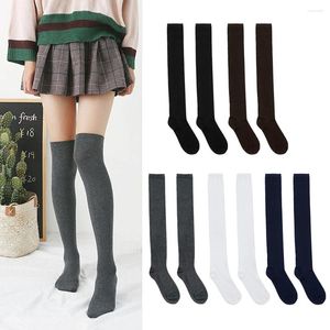 Chaussettes longues pour femmes, 1 paire, au-dessus du genou, pour filles, noir, blanc, gris, cuisses, haute élasticité, Polyester, coton, bas respirants