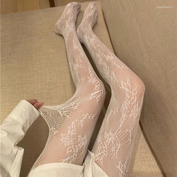 Calcetines de mujer 1 par de medias caladas de malla de encaje sexy chicas góticas pantimedias con fondo de flores blancas y negras medias de rejilla de ratán florales