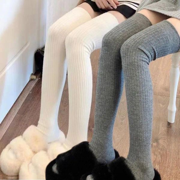 Chaussettes chaudes et hautes pour femmes, 1 paire, Y2k, Lolita, en coton, au-dessus du genou, à la mode, couleur unie, rayures verticales, Tube Long