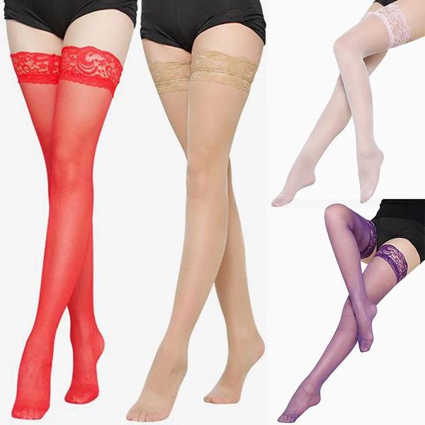 Chaussettes de femmes 1pair Stockage sexy de la femme en dentelle de dentelle hauts filets de bas pour la peau violette rose rouge