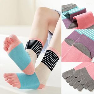 Calcetines de mujer 1 par de algodón cinco dedos rayas coloridas punta abierta deportes Kawaii Harajuku tubo alto cinco dedos