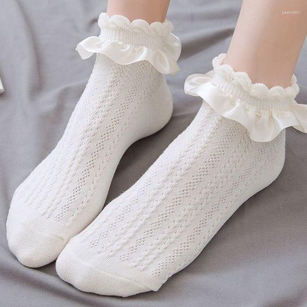 Chaussettes Lolita à volants en dentelle blanche pour femmes, 1 paire, cheville douce et mignonne avec nœud papillon, chaussettes courtes en coton, Harajuku JK