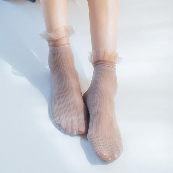 Calcetines de mujer, 1 par, calcetín tobillero de verano, patrón de rayas transpirable, colocación de moda de nailon transparente para diseño de encaje