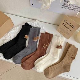 Chaussettes en coton pour femmes, 1 pièce, couleur unie, luxe, ample, tricot, mi-tube, thermique, chaud, bonneterie, rétro, doux, hiver