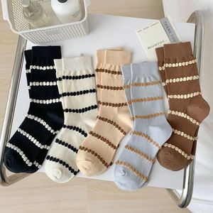 Femmes chaussettes 2 paires Tube moyen femme doux confortable rue mignon coton mode Style coréen rayure point bulle respirant