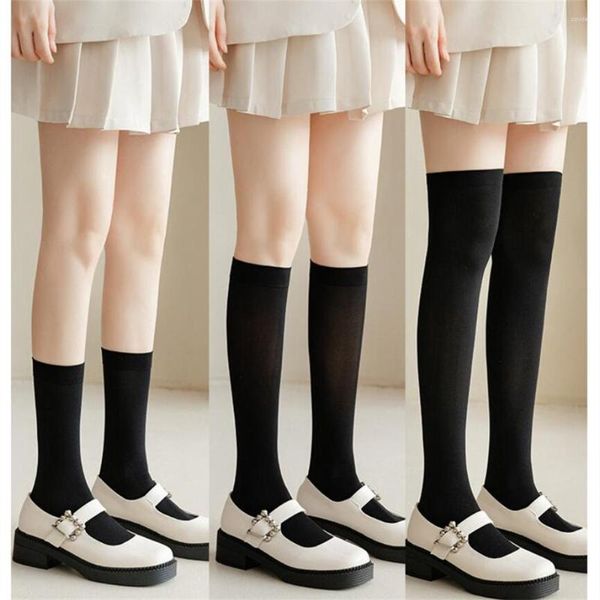 Chaussettes en Nylon pour femmes, 2 paires, noir, blanc, hauts aux genoux, Tube Long/moyen/bas, couleur unie, Lolita filles, Sexy, soie glacée