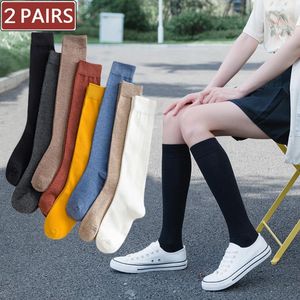 Femmes chaussettes 2 paires coton genou haut noir blanc couleur unie mode décontracté mollet chaussette femme fille fête danse Sexy longue