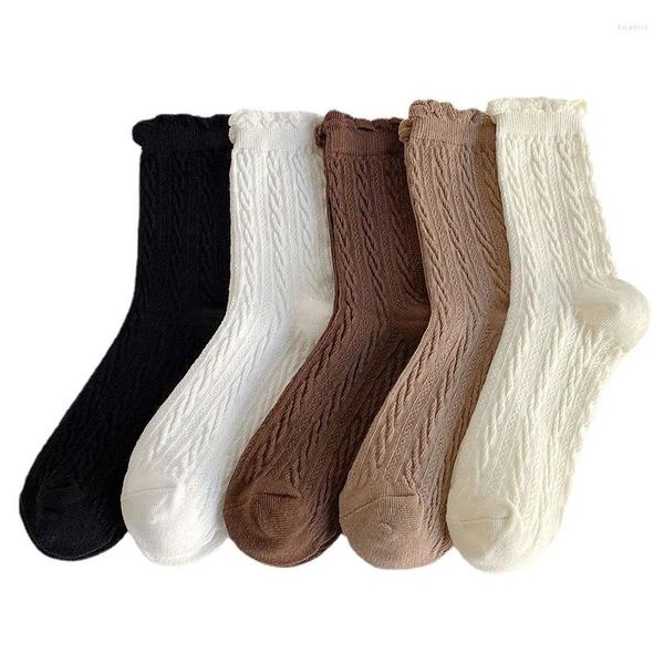 Chaussettes en dentelle douce pour femmes, 2 paires, mode femme, couleur unie, rayé blanc, rétro, Harajuku, Lolita, Sexy, Tube central