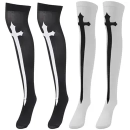 Calcetines de mujer, 2 pares, ropa de monja, tubo, Halloween, medias largas altas para Cosplay, estampado de relleno, nailon por encima de la rodilla