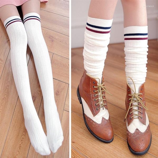 Chaussettes pour femmes, Style japonais mignon, bas longs au-dessus du genou, chauds pour filles, bas rayés au-dessus du genou, 2023