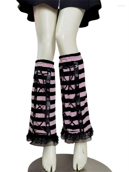 Femmes chaussettes 2023 rose rayé printemps Y2k fille longue bonneterie douce dentelle Patch Slim Up pied couverture